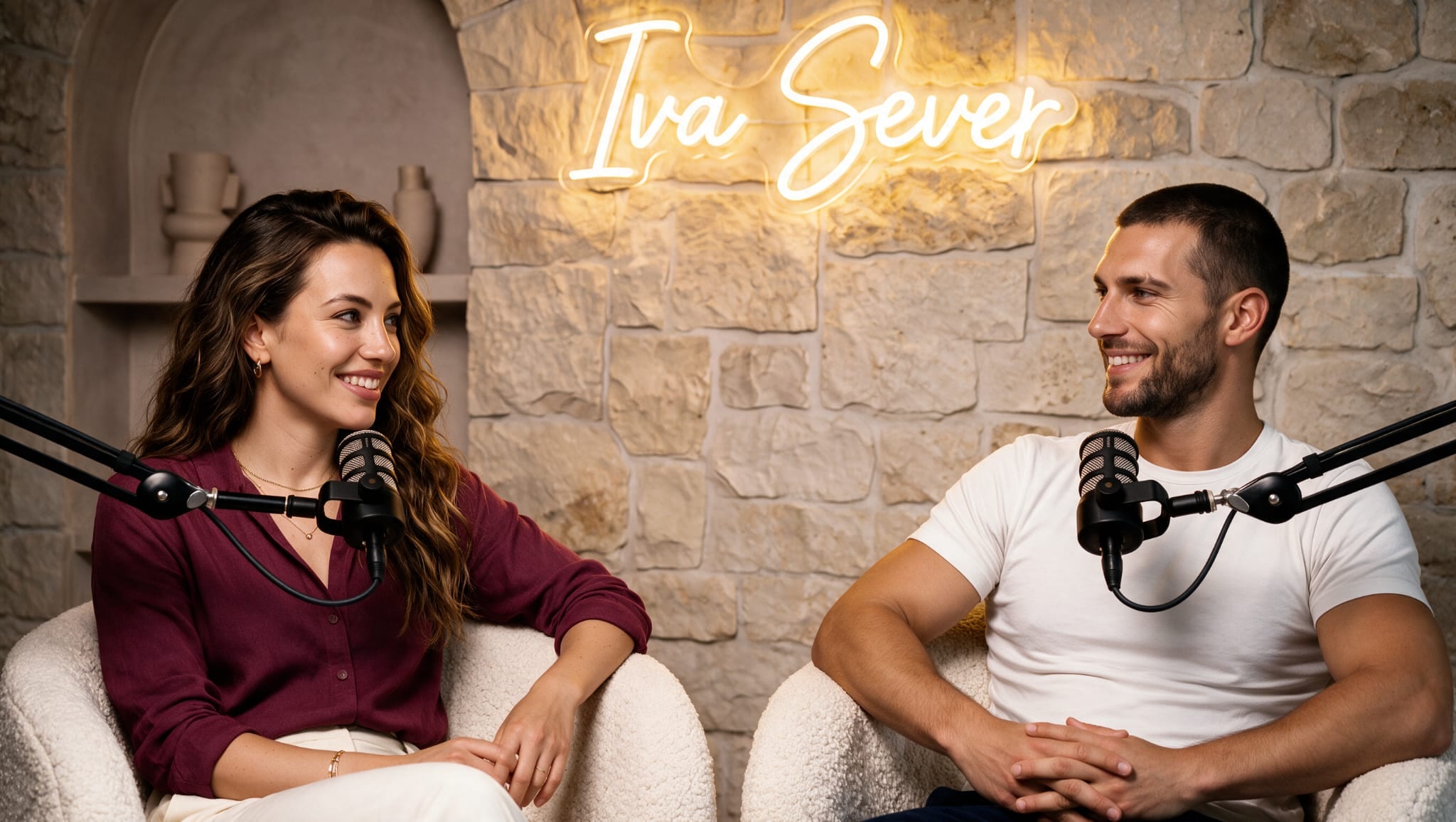 Iva Sever u studiju, ispod neonskog natpisa „Iva Sever”